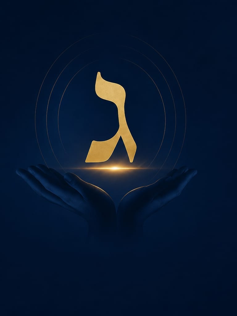Letra hebraica Gimel dourada sobre mãos abertas