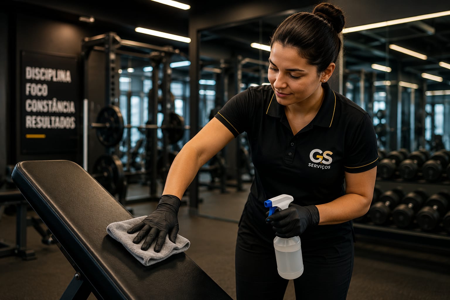 Profissional GS uniformizada higienizando equipamento em academia