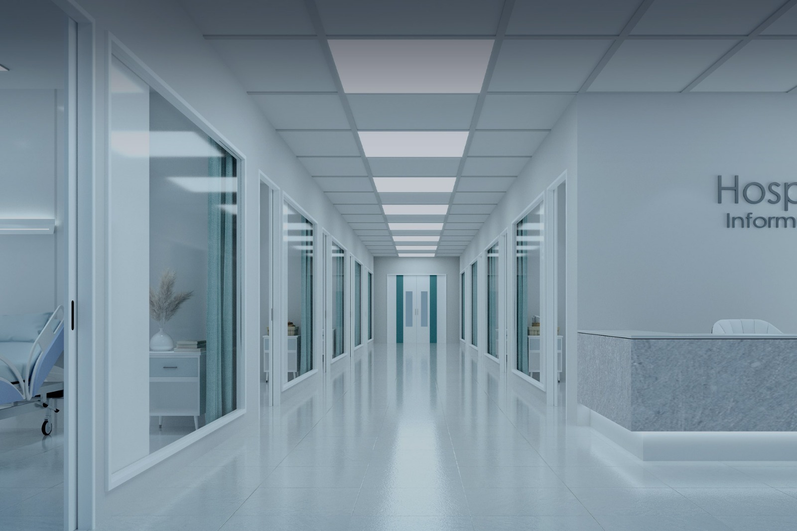Corredor moderno hospitalar limpo e brilhante com iluminação profissional